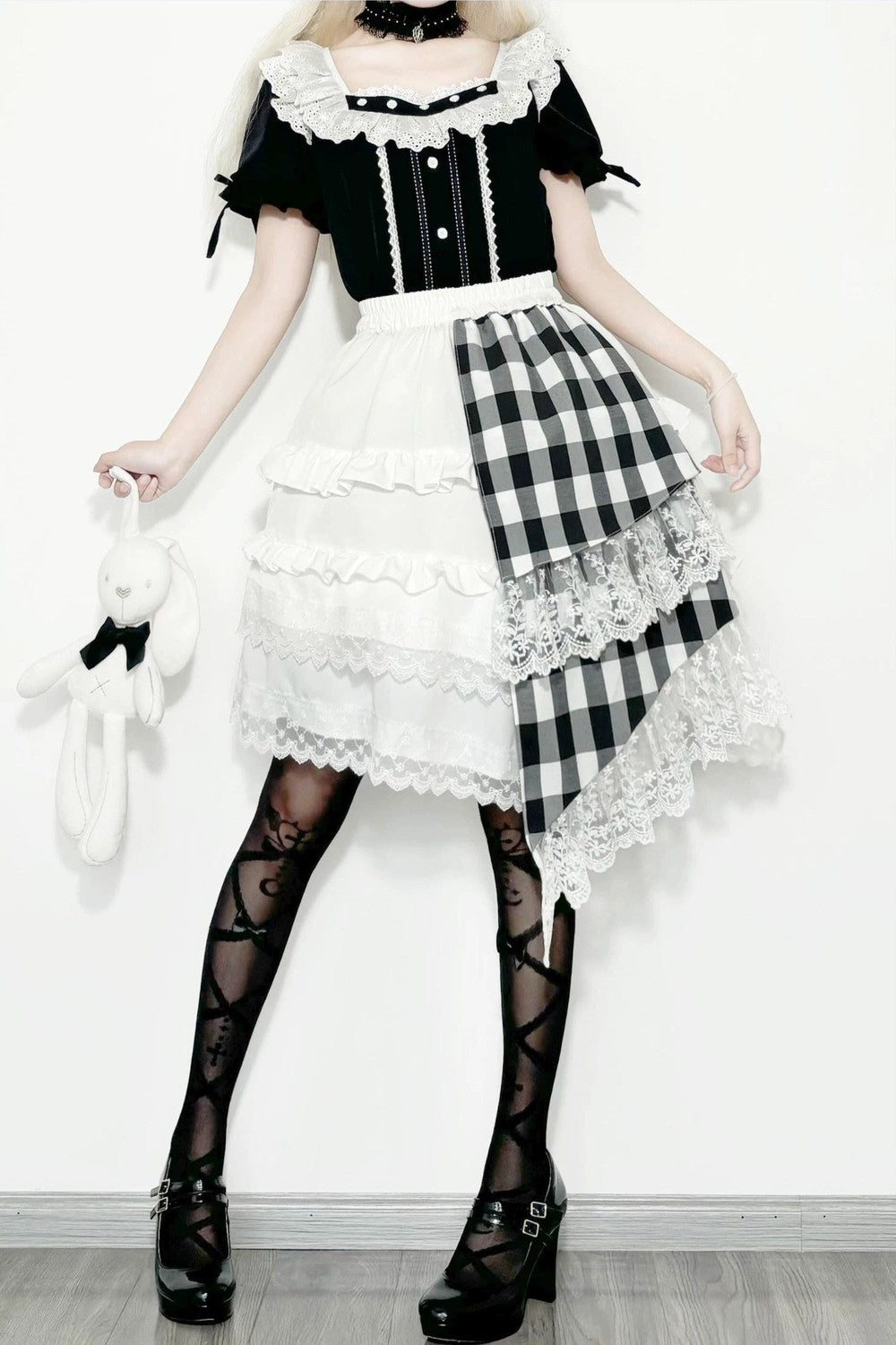 Lace Trim Plaid Skirt + Top + Hair Accessories
