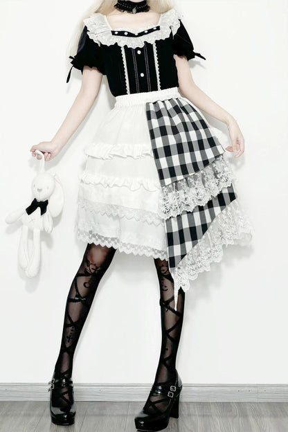 Lace Trim Plaid Skirt + Top + Hair Accessories