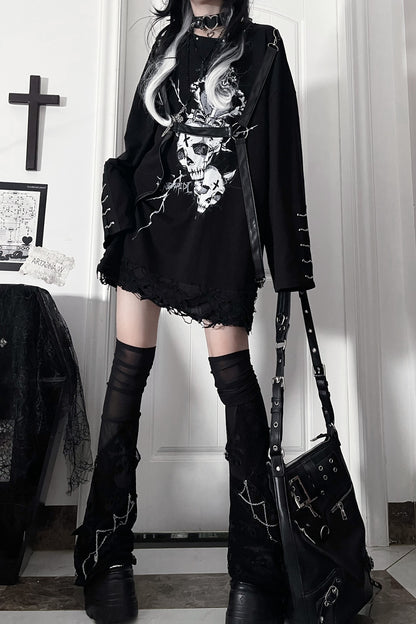 Belt Spliced Subculture Print Long-Sleeve T-Shirt