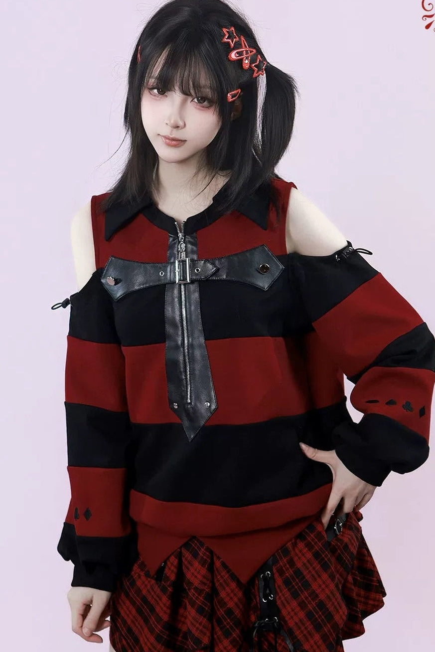 Striped Leather Trim Off-Shoulder Sweatshirt