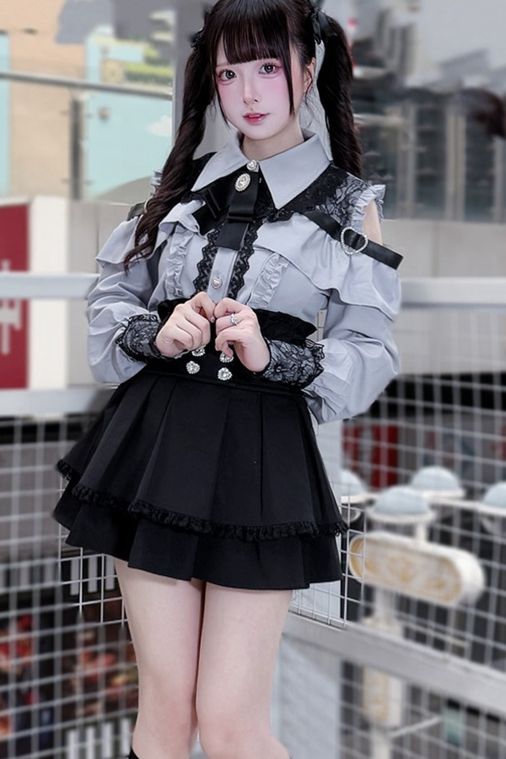 [Pre-order] Cold Shoulder Heart Buckle Long Sleeve Ruffle Lace Blouse with Bow Tie + Lace-Trim Pleated Mini Skirt Set
