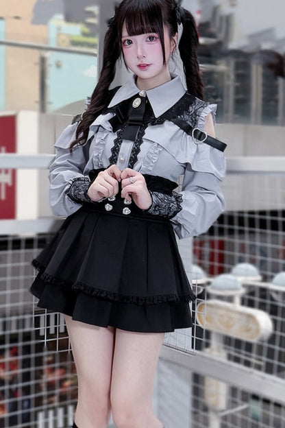 [Pre-order] Cold Shoulder Heart Buckle Long Sleeve Ruffle Lace Blouse with Bow Tie + Lace-Trim Pleated Mini Skirt Set