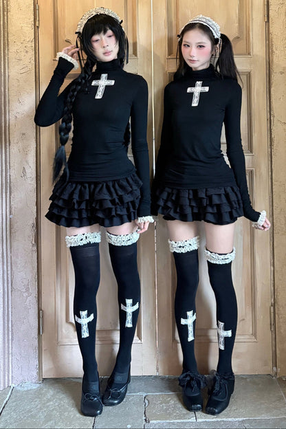 Lace Cross Black Base Shirt and Patchwork Tutu Skirt Set-Up