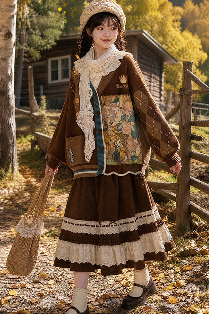Vintage Oil Painting Knit Cardigan And Skirt