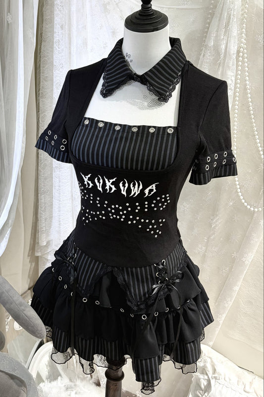 Striped Rhinestone Gothic Top & Lace-Up Skirt Set