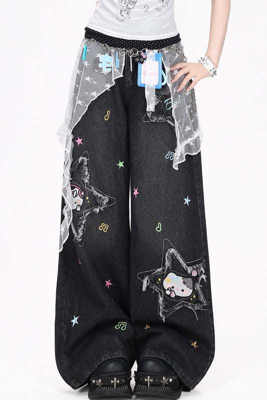 Star Cat Distressed Denim Pants