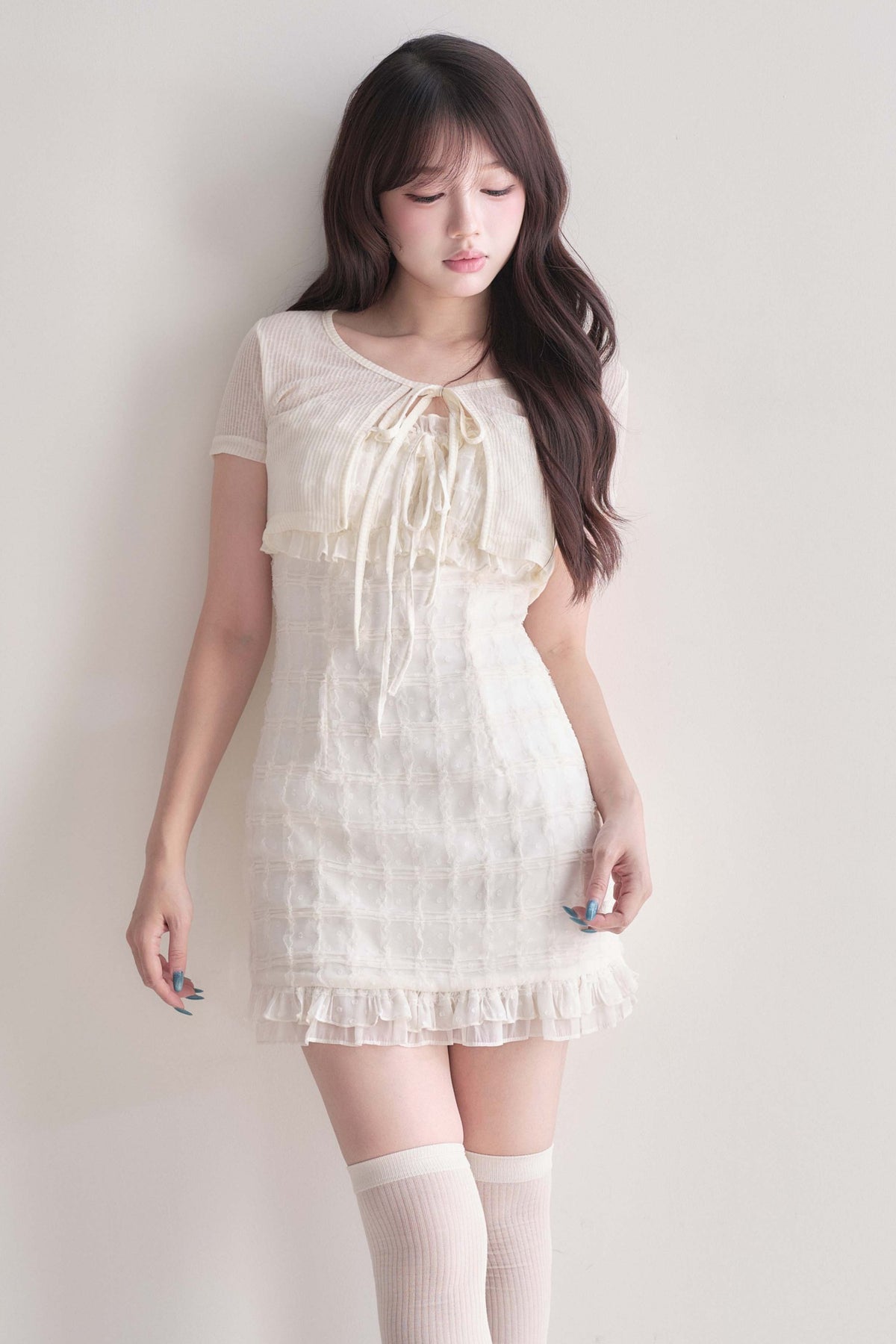 Elegant Ribbon Cardigan & Lace Dress Set
