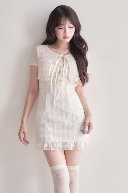 Elegant Ribbon Cardigan & Lace Dress Set