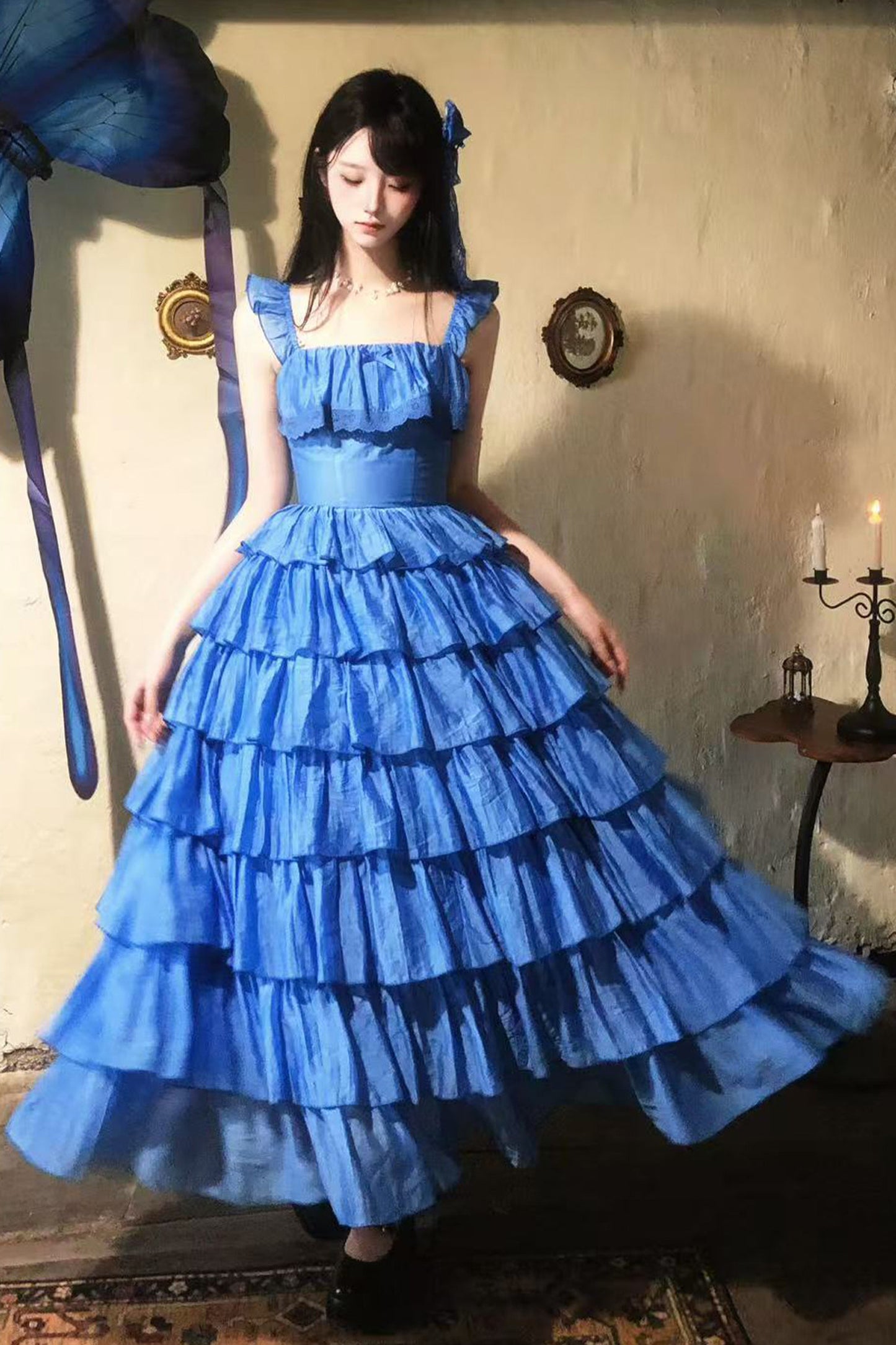 Seven-Layer Ruffle Square Neck Dress, Hair Accessory and Jacket Set-Up