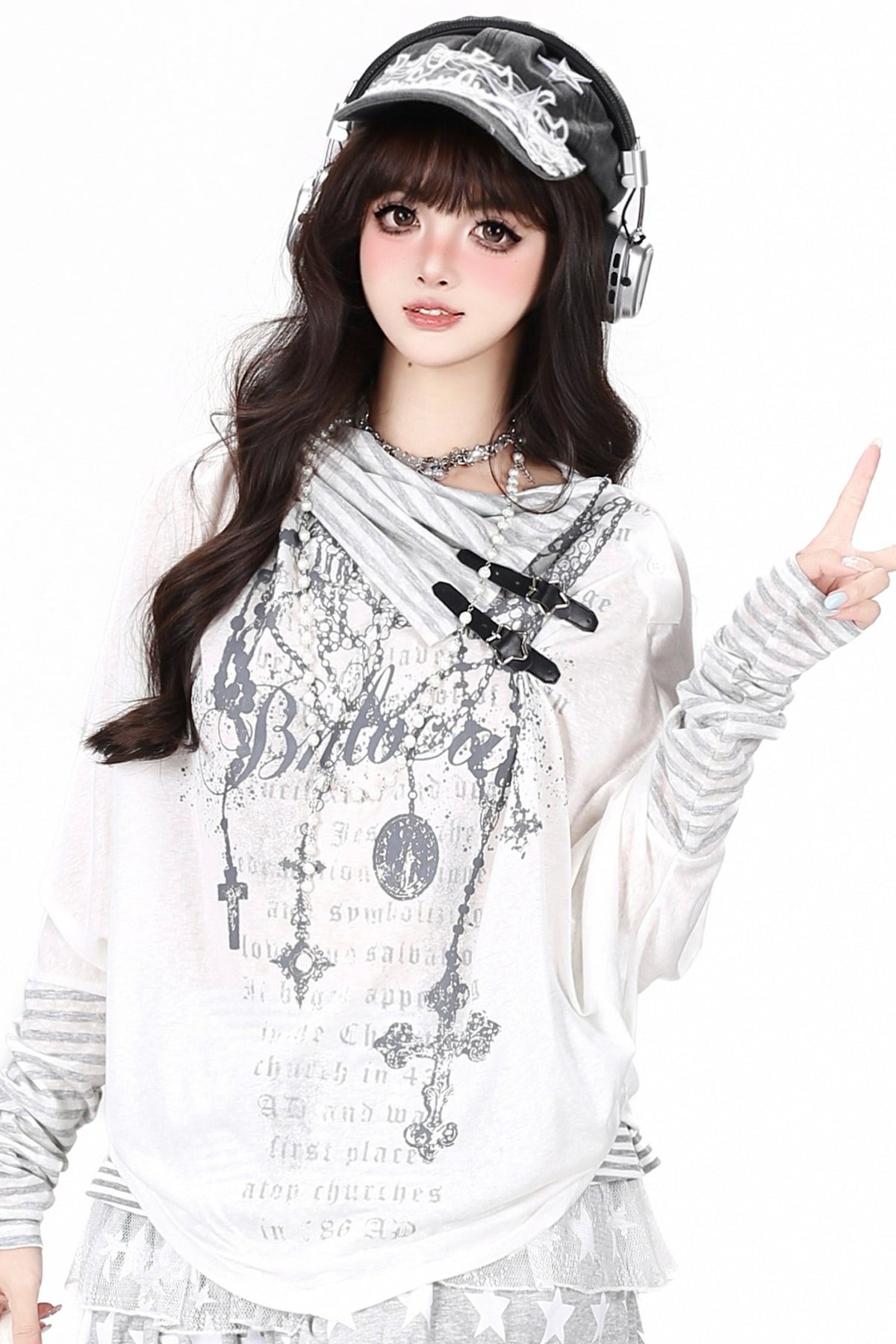Gothic Print Striped Base Layer Top