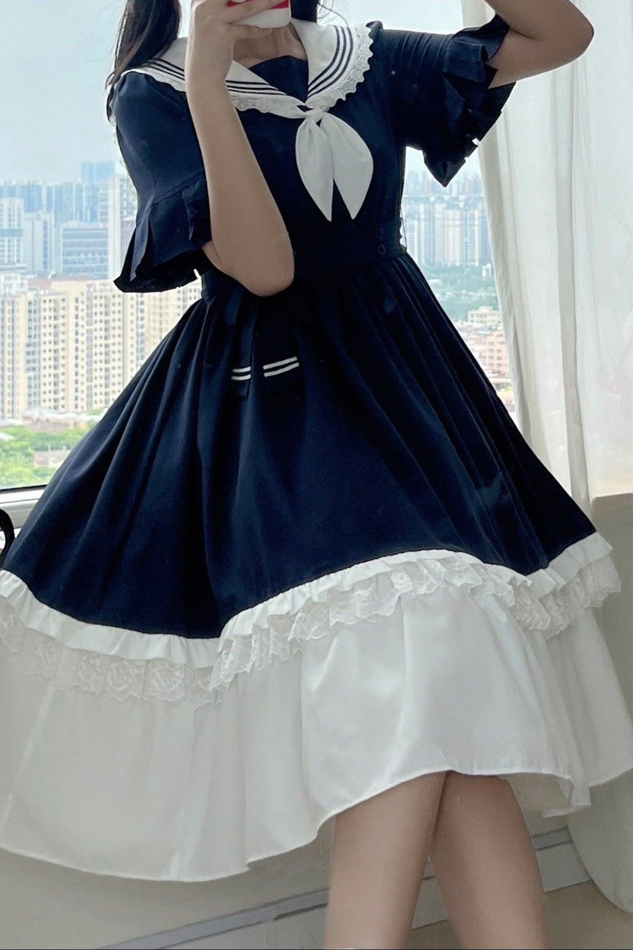 College-Style Ribbon Sailor Collar Flared Dress
