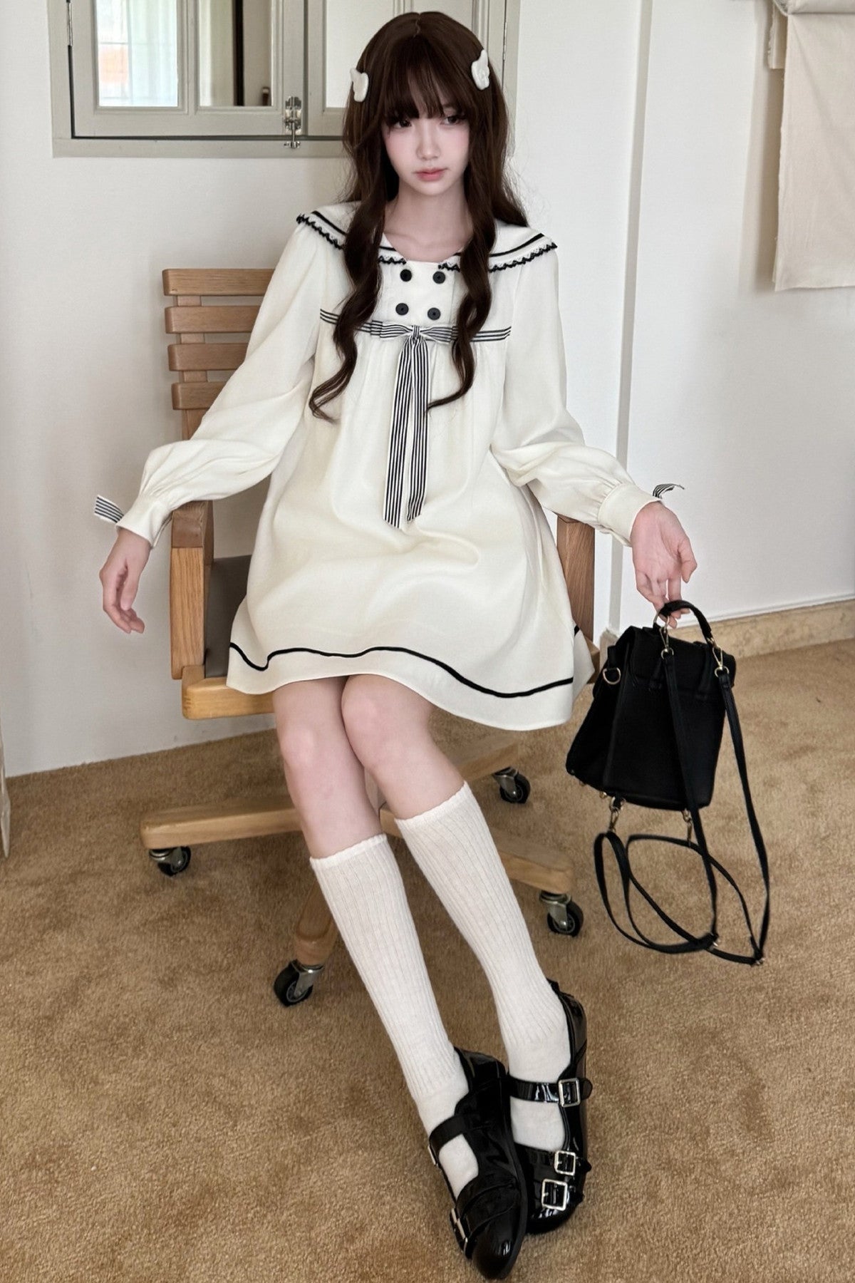 Navy Collar Long Sleeve A-Line Dress