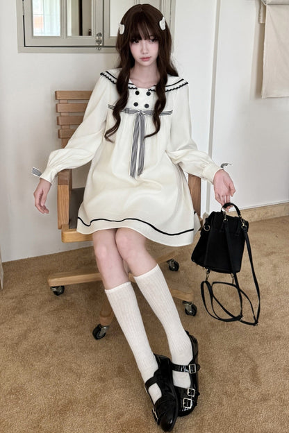 Navy Collar Long Sleeve A-Line Dress