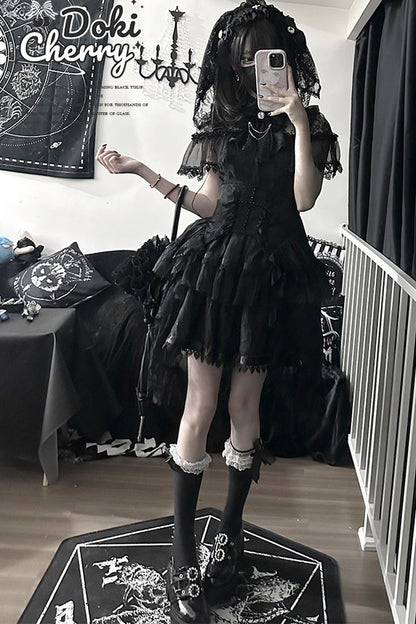 Gothic Short-Sleeve Tulle Waist Belt Dress Set-Up