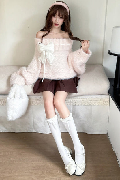 Mint Blue Two-Way Off-Shoulder Sweater With Skirt Set
