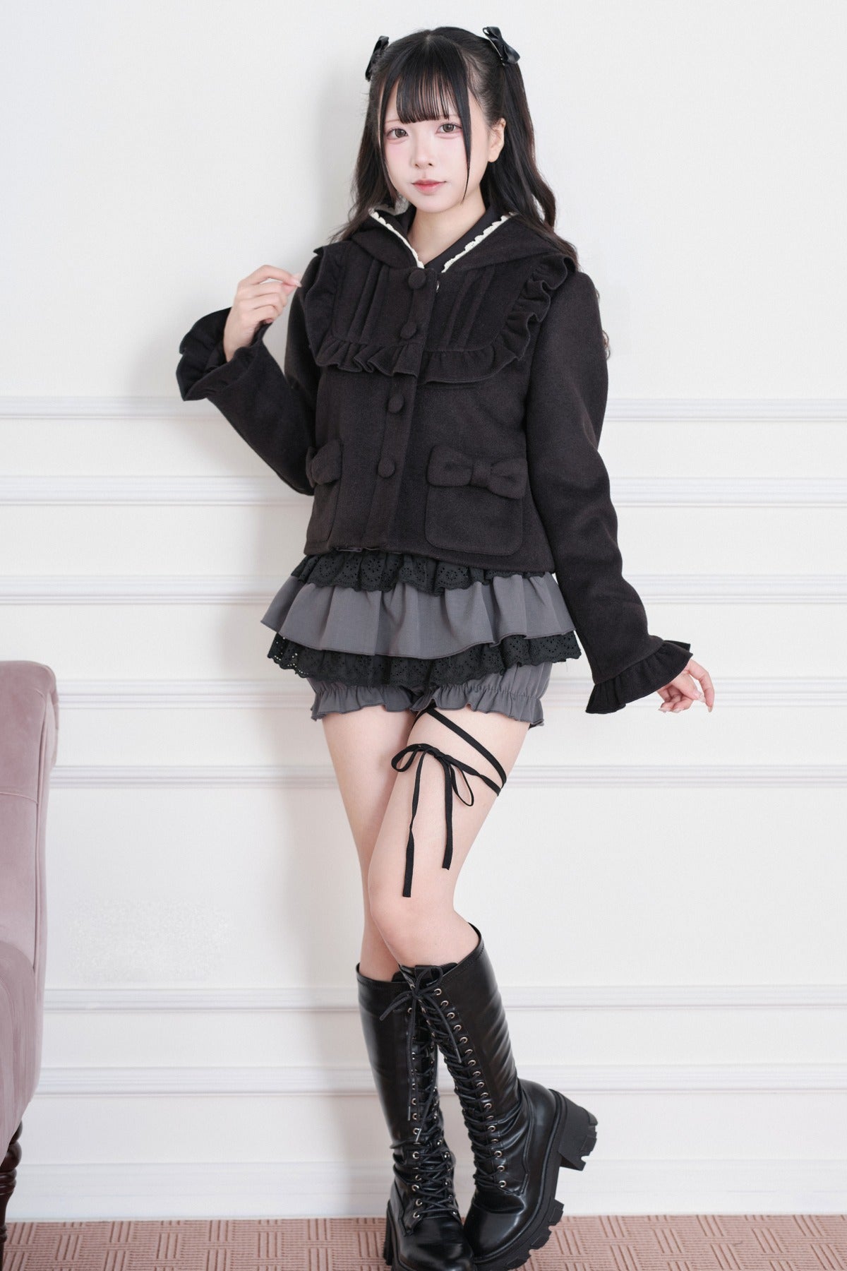 Ruffle Hooded Wool Jacket