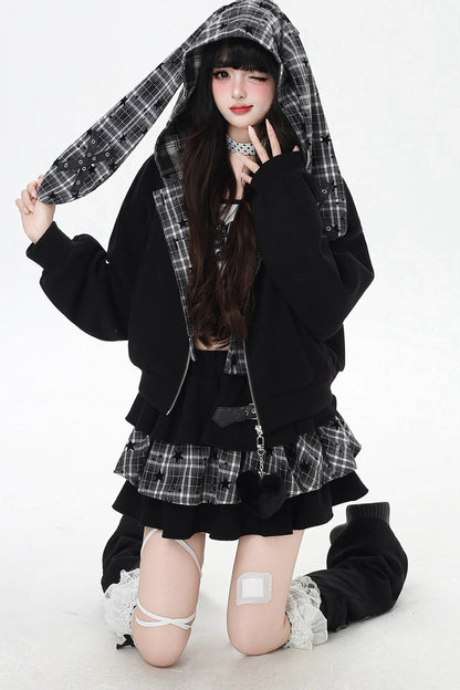 Plaid Rabbit Ear Embroidered Hooded Jacket