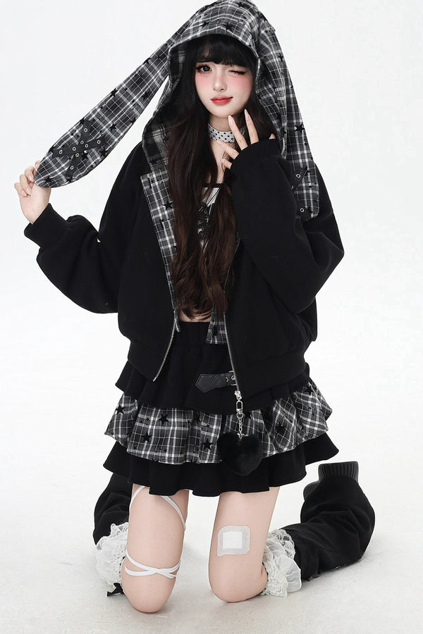 Plaid Rabbit Ear Embroidered Hooded Jacket