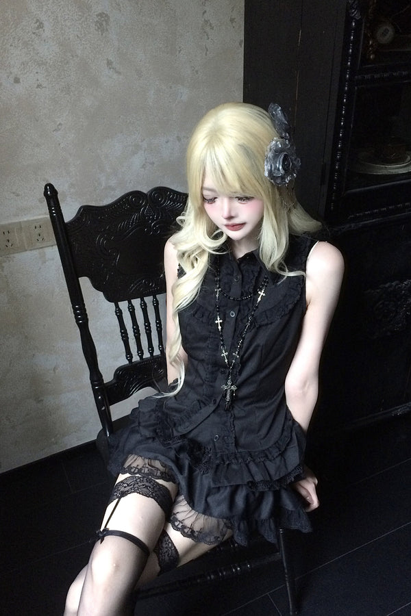 Black Ruffle Sleeveless Top and Skirt Set