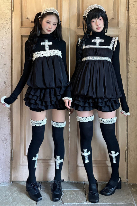 Lace Cross Black Base Shirt and Patchwork Tutu Skirt Set-Up
