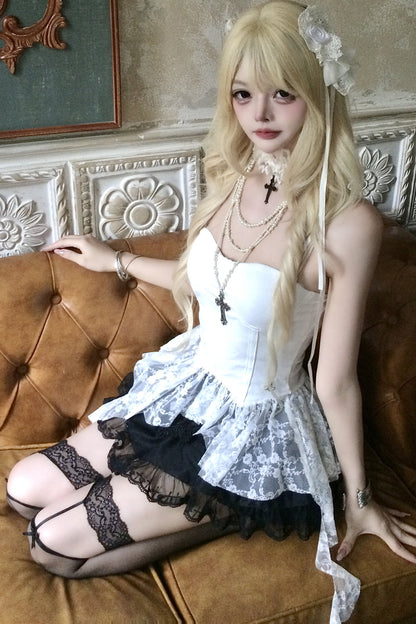 White Lace Spliced Irregular Strap Dress