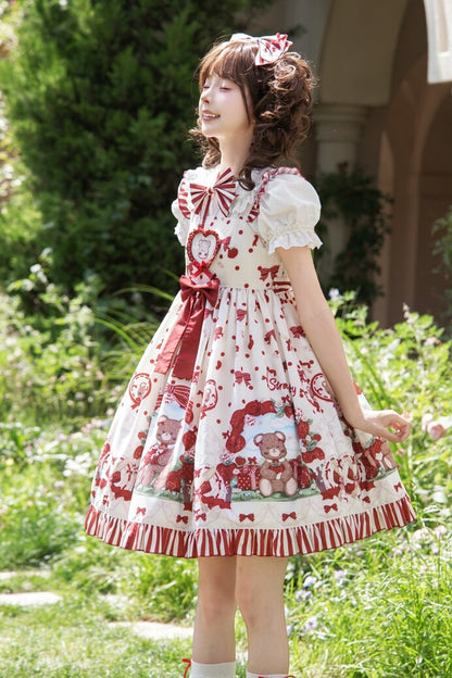 Strawberry Gift Box Lolita Print Suspender Dress Set-Up
