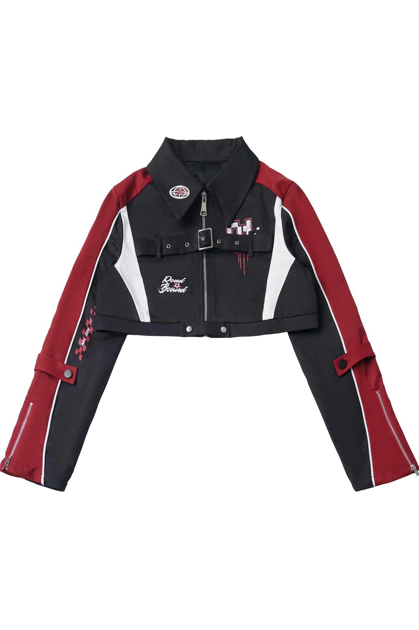Rote und schwarze Motorradjacke und -hose im Set