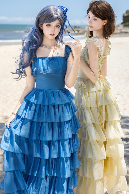 Seven-Layer Ruffle Square Neck Dress, Hair Accessory and Jacket Set-Up