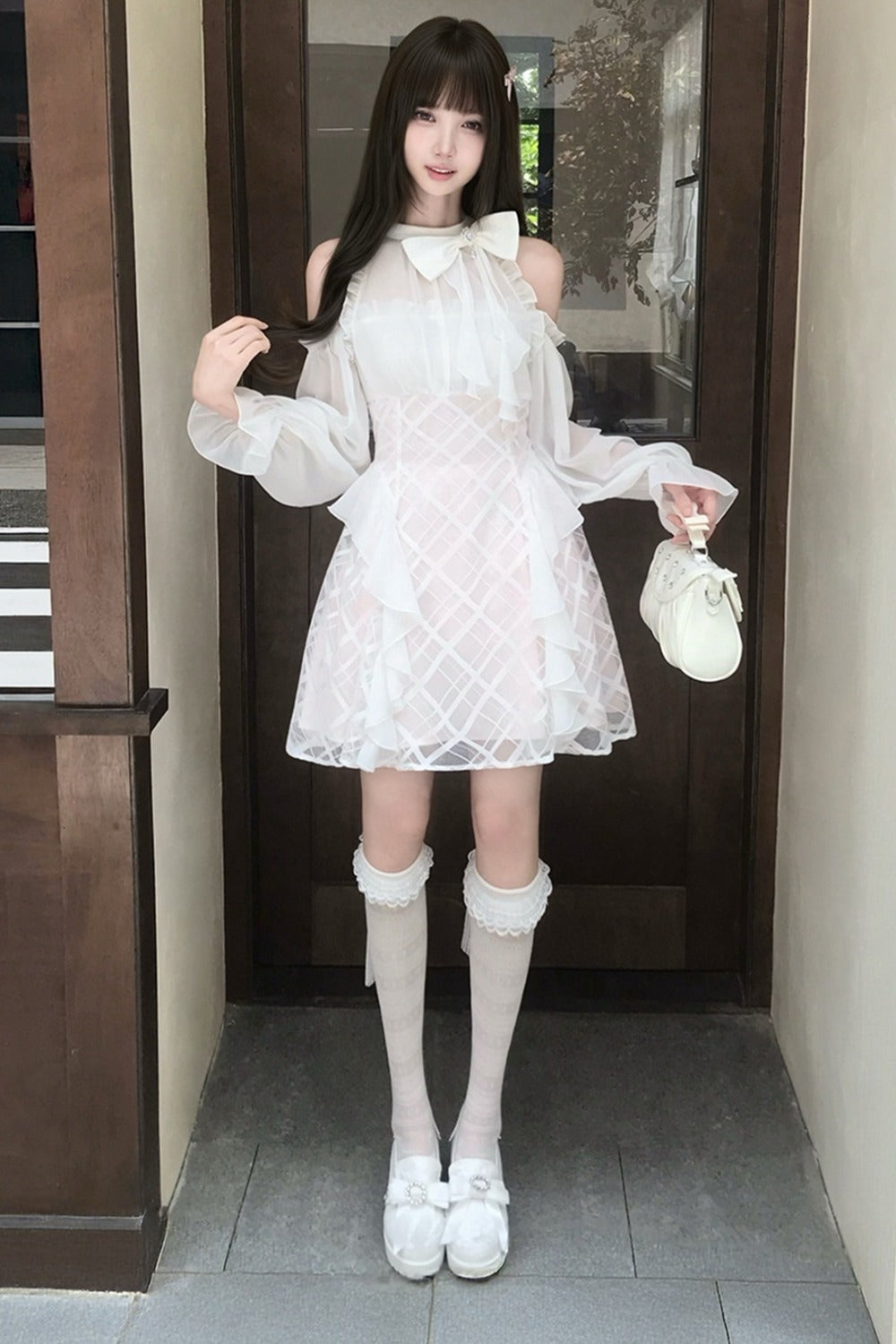 High-Waist Bow Off-Shoulder Long-Sleeve A-Line Dress