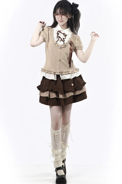 Rose Brown Lace Knit Top + Skirt