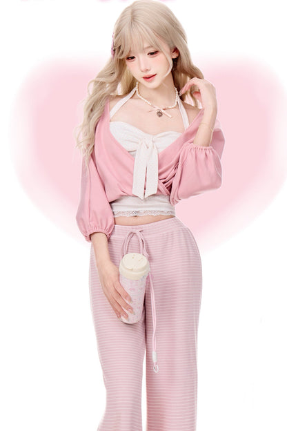 Pink Cardigan White Polka Dot Camisole and Pants 3-Piece Set-Up