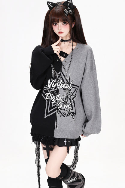 Star Color-Block Loose Pullover Sweater