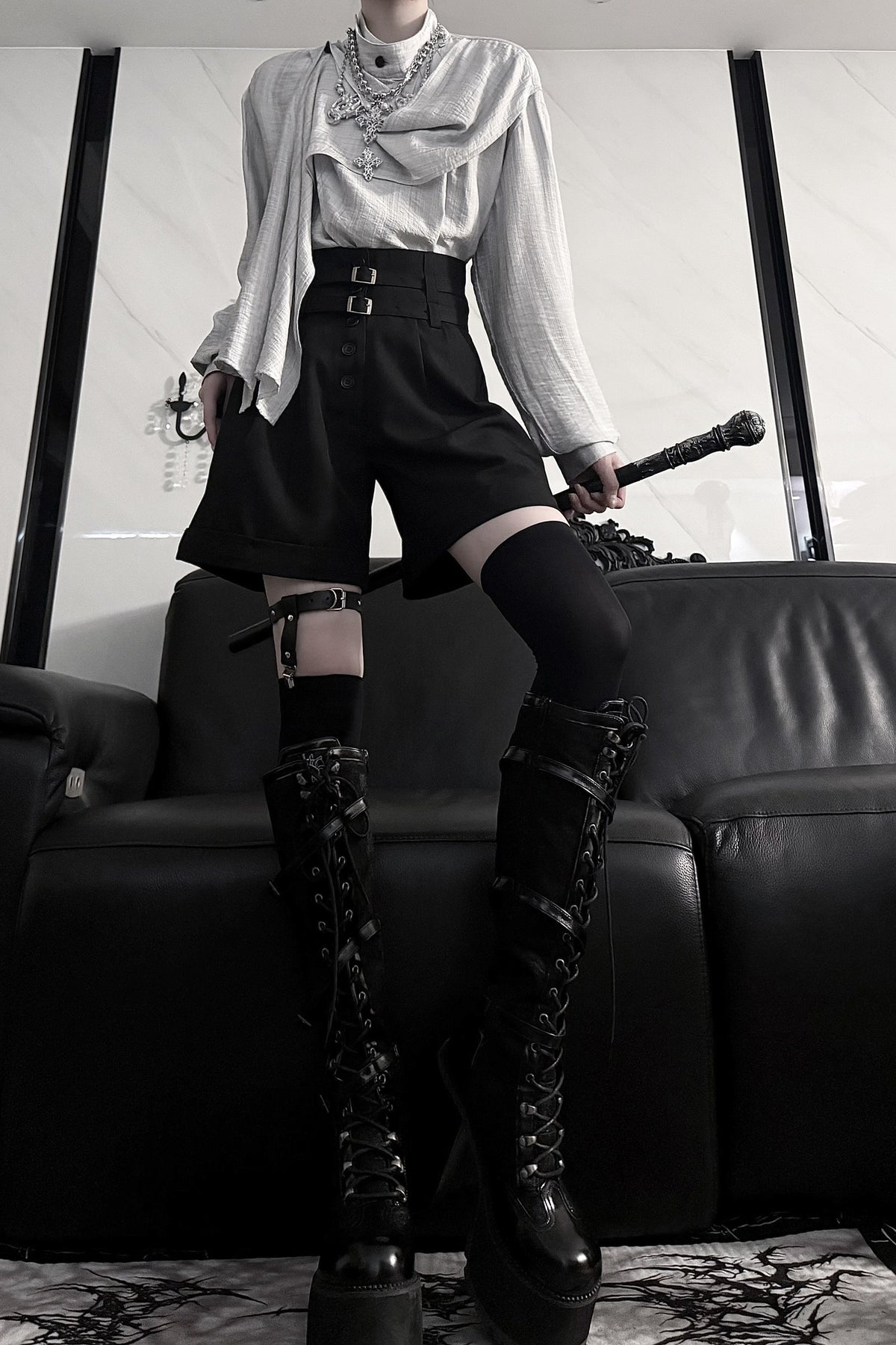 Mid-Waist Double Belt Biker Shorts