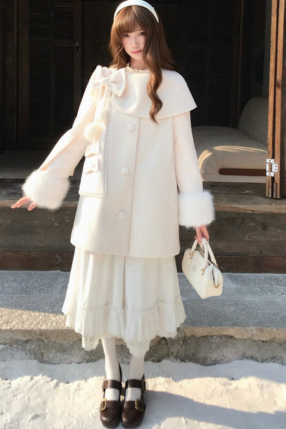 Apricot Wool Cape Coat and Skirt Set