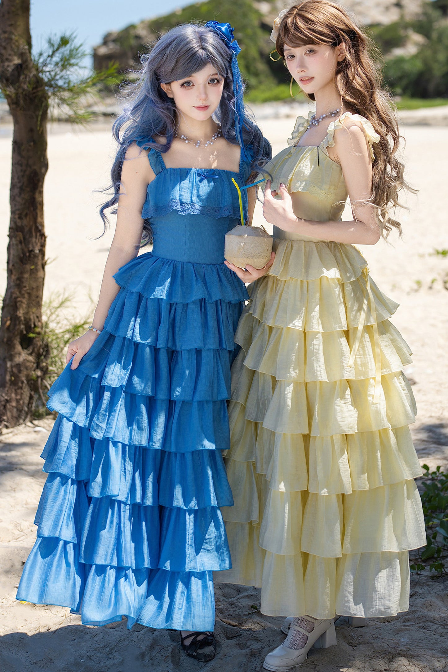 Seven-Layer Ruffle Square Neck Dress, Hair Accessory and Jacket Set-Up