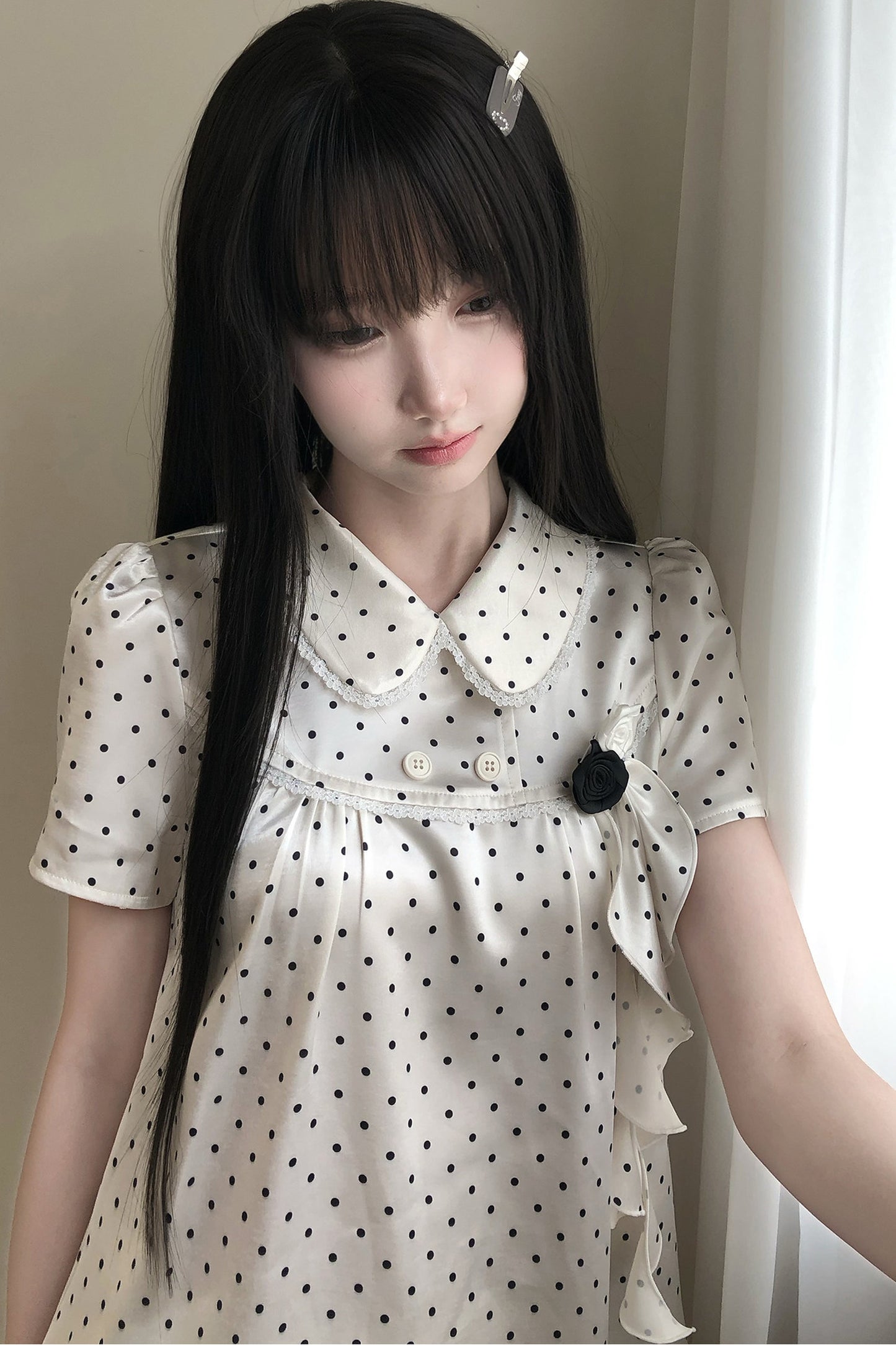 도트무늬 피터팬 칼라 원피스와 상의 세트