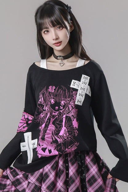 Cross-Decorated Armband Shoulder Strap T-Shirt