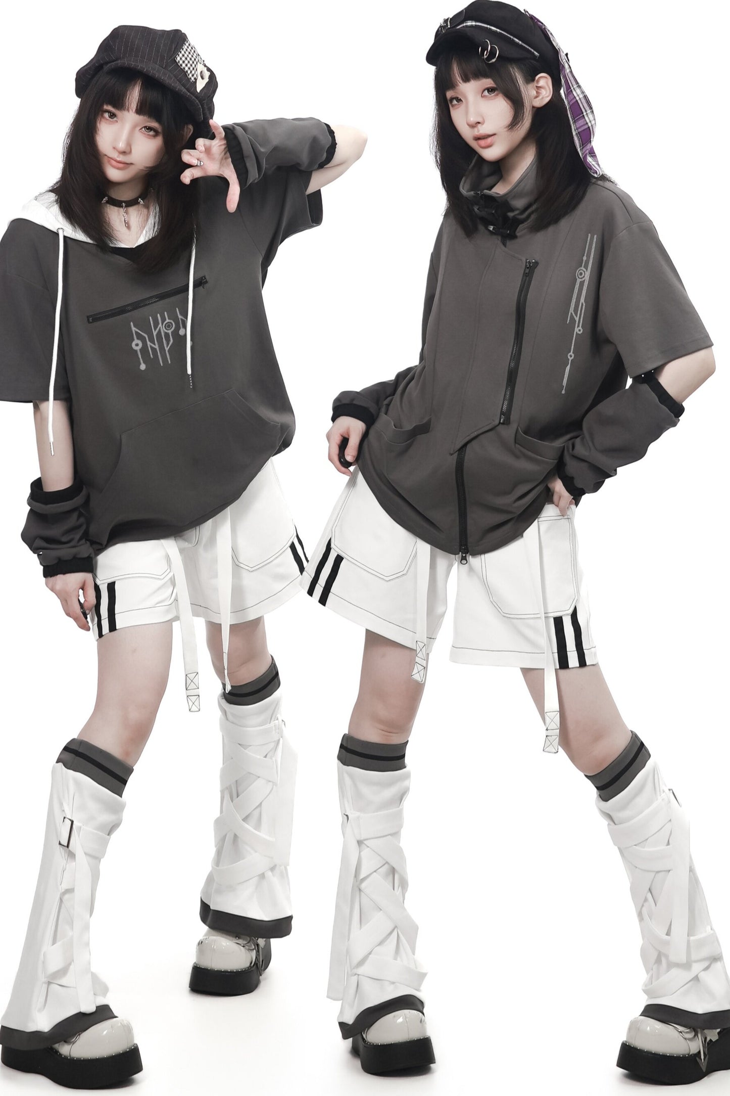 Gray Functional Stand Collar Zipper Short-Sleeve Set-Up