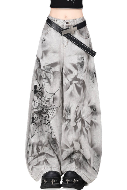 Spider Web Tie-Dye Denim Wide-Leg Jeans