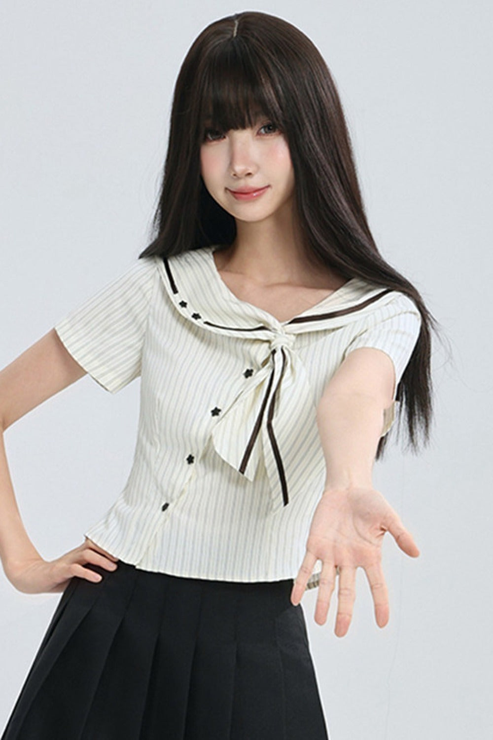 Striped Navy Collar Star Button Blouse