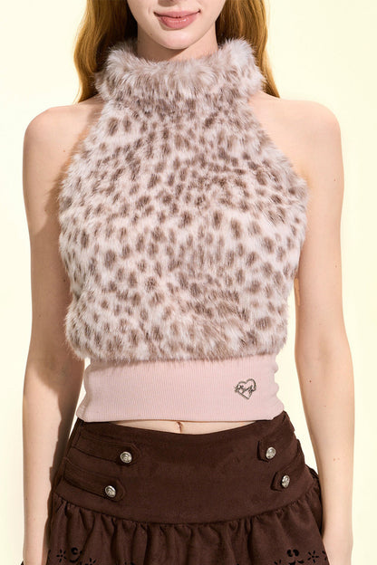Leopard Print Faux Fur Halter Top