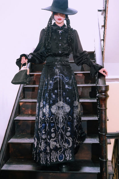 Blue Tears Patchwork Lace Lantern Sleeve Shirt