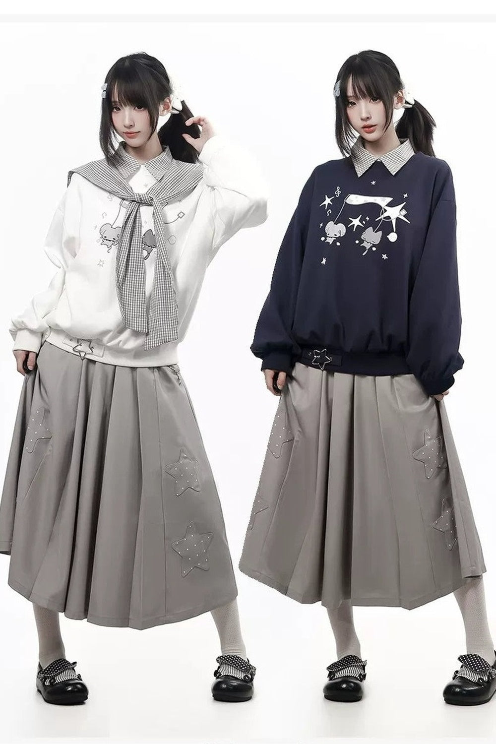 Star Plaid Shawl Sweatshirt Skirt Set-Up