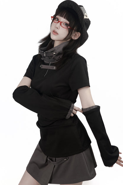 Black and Gray Stand-Up Collar Summer Short Skirt Set-Up