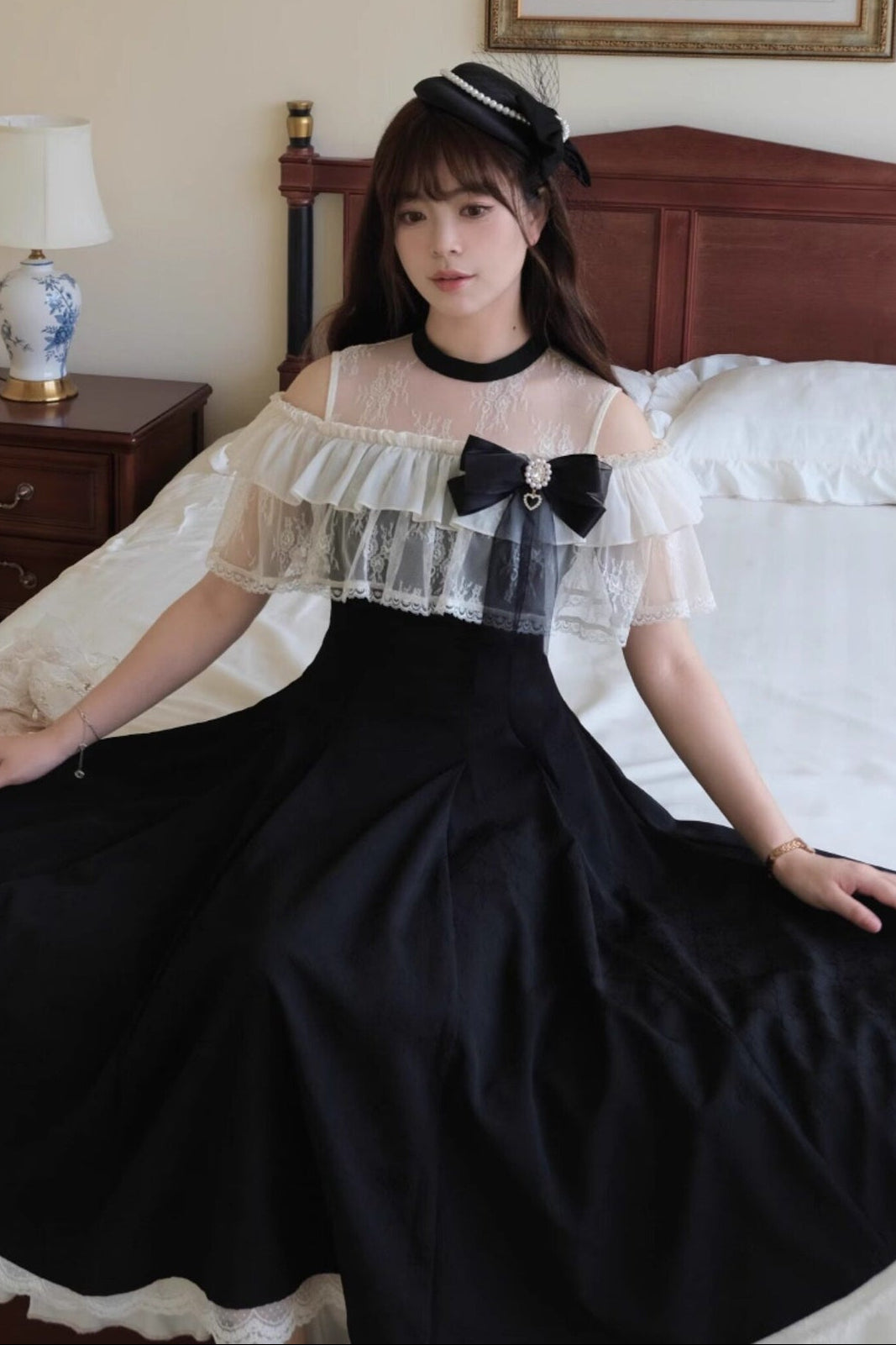 エレガントブラックレースお嬢様ロングワンピース