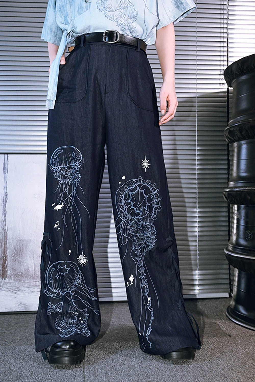 Blue Jellyfish Print Lace-Up Wide-Leg Pants