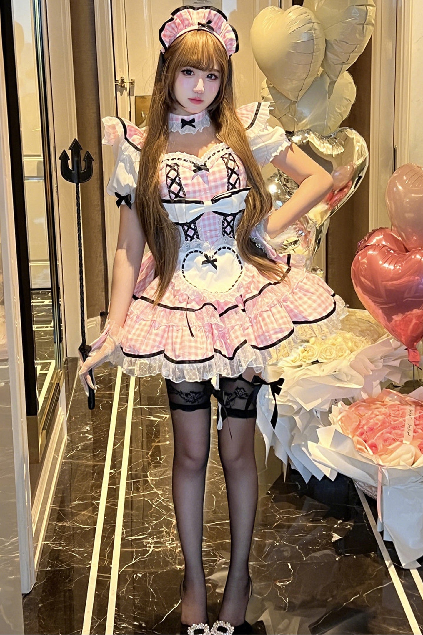 うさみみピンクギンガムメイドドレス