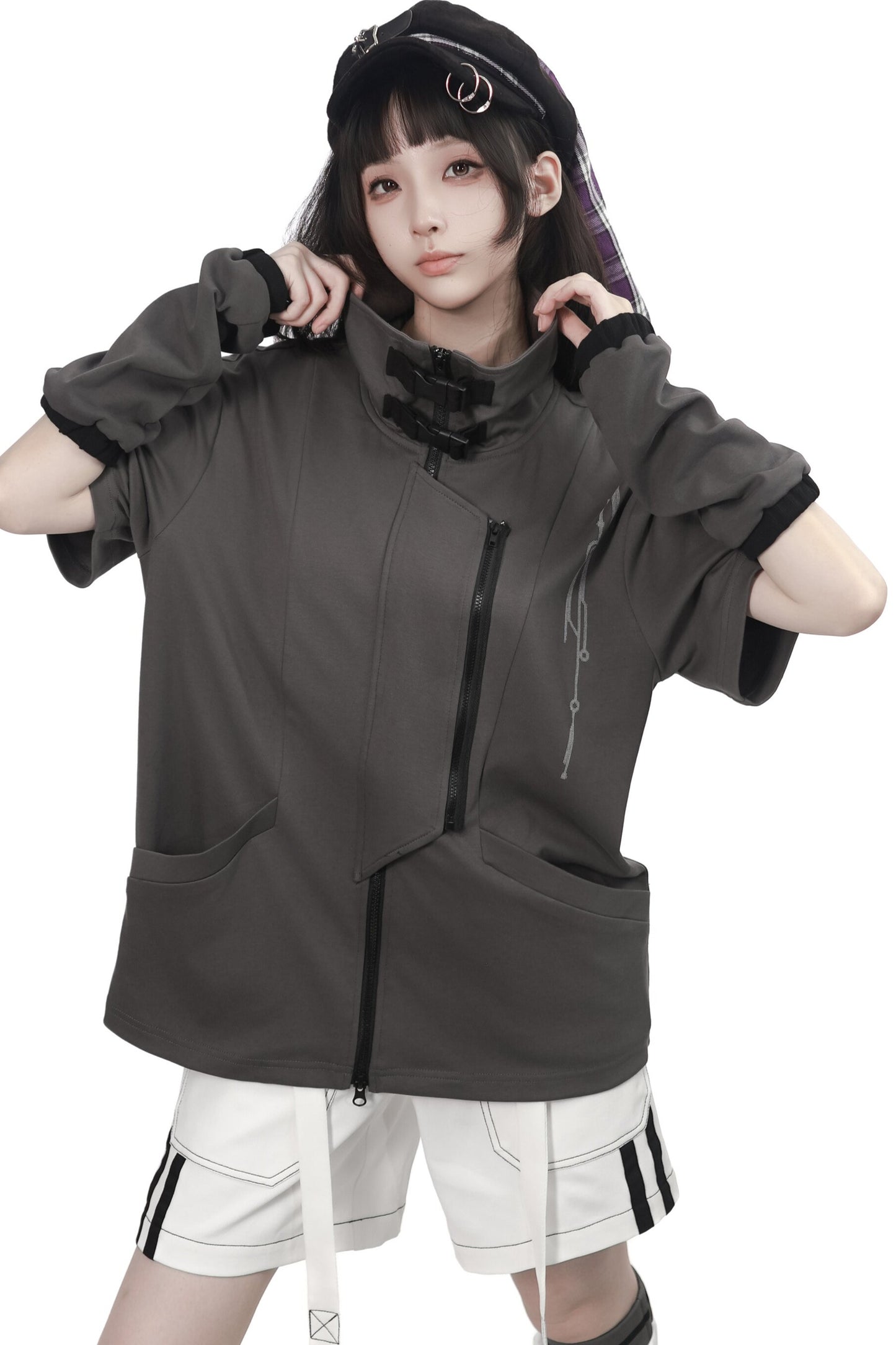 Gray Functional Stand Collar Zipper Short-Sleeve Set-Up