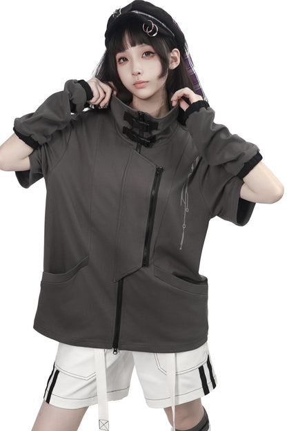 Gray Functional Stand Collar Zipper Short-Sleeve Set-Up