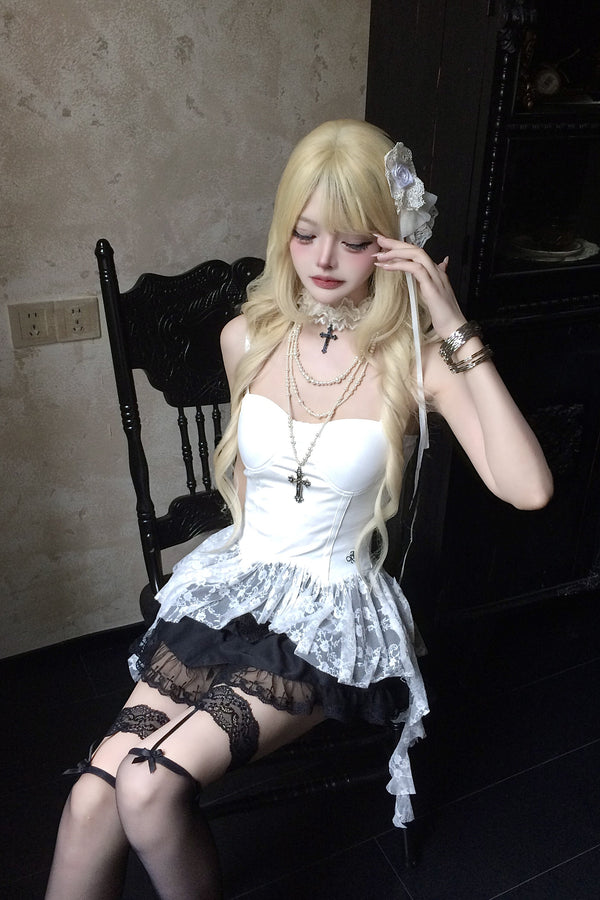 White Lace Spliced Irregular Strap Dress